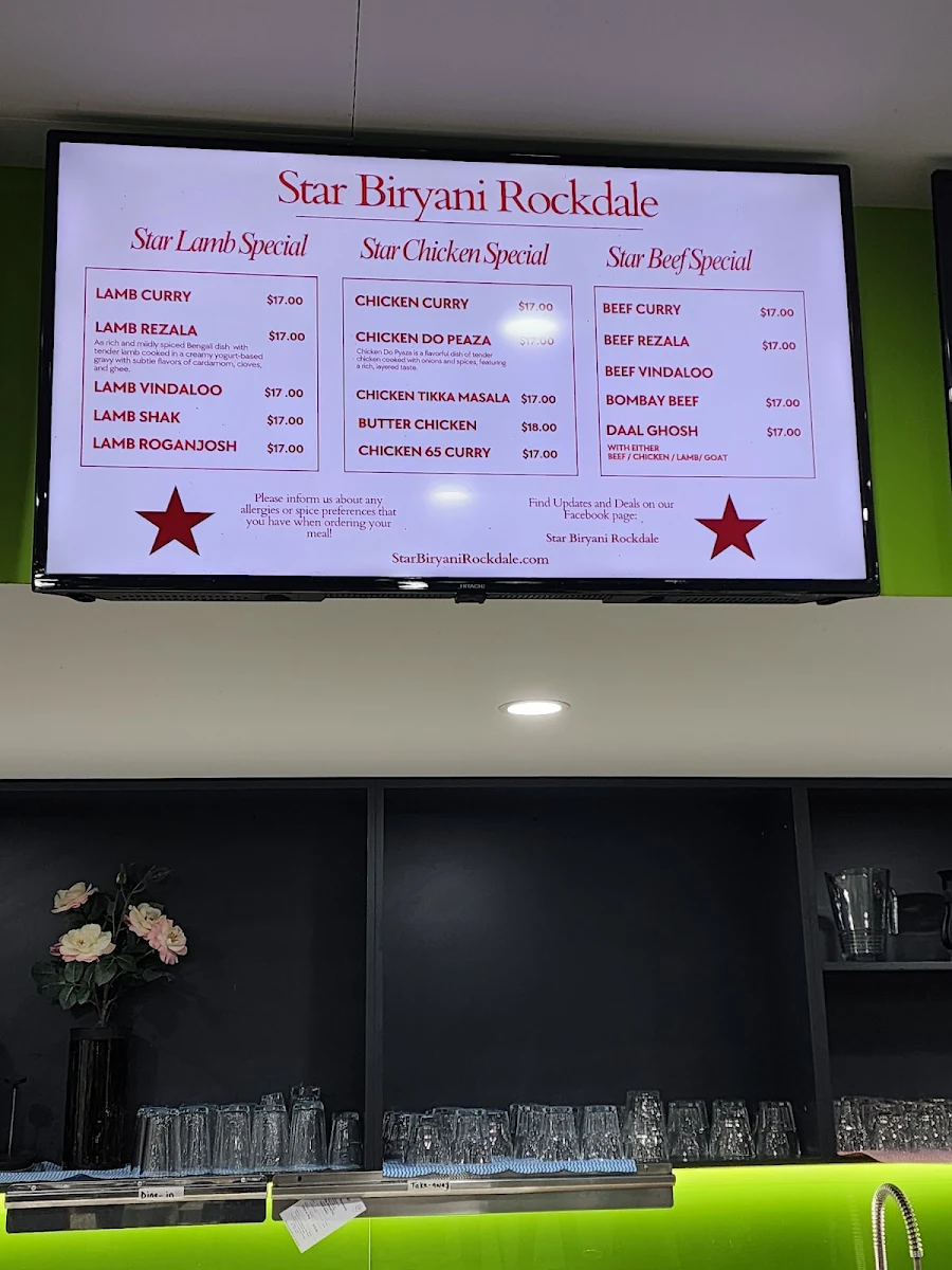 Menu, Star Biryani Rockdale