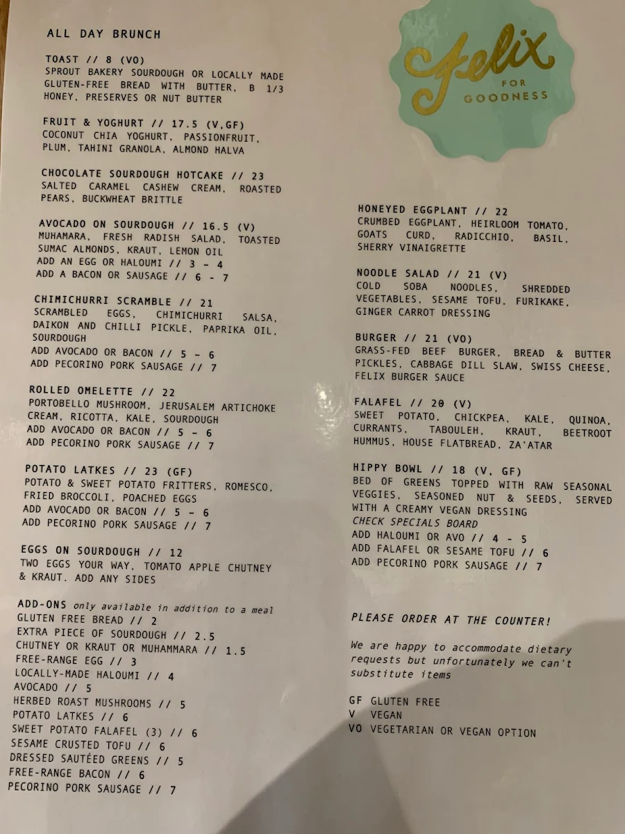 Menu, Felix For Goodness