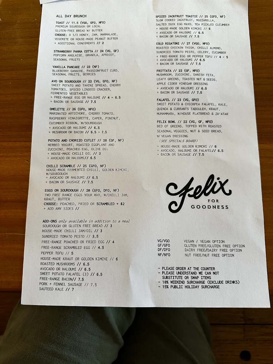Menu, Felix For Goodness