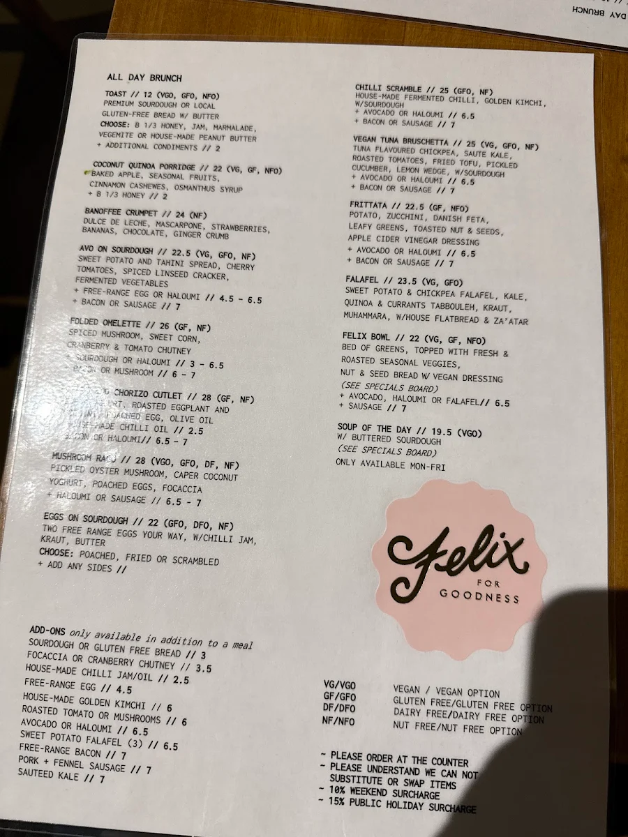 Menu, Felix For Goodness