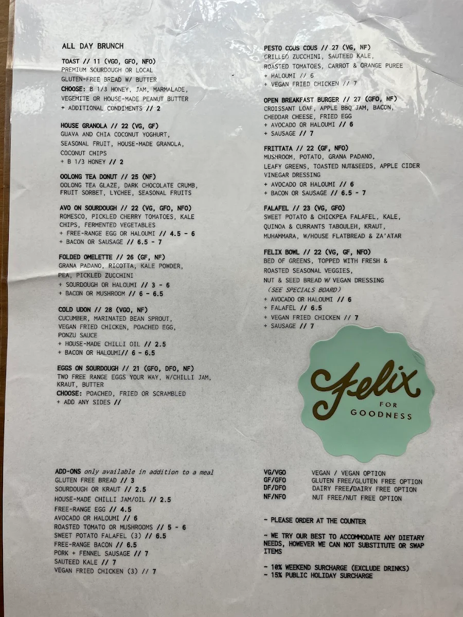 Menu, Felix For Goodness