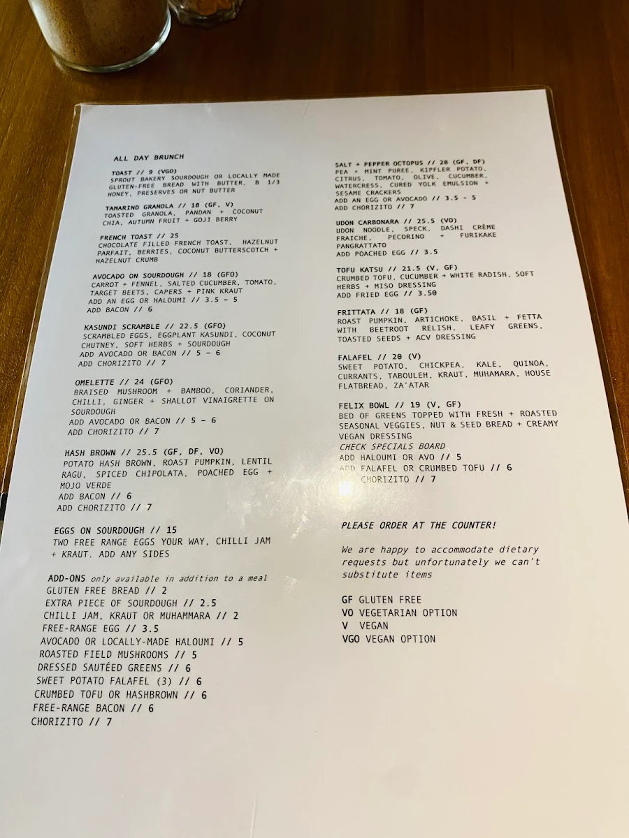 Menu, Felix For Goodness