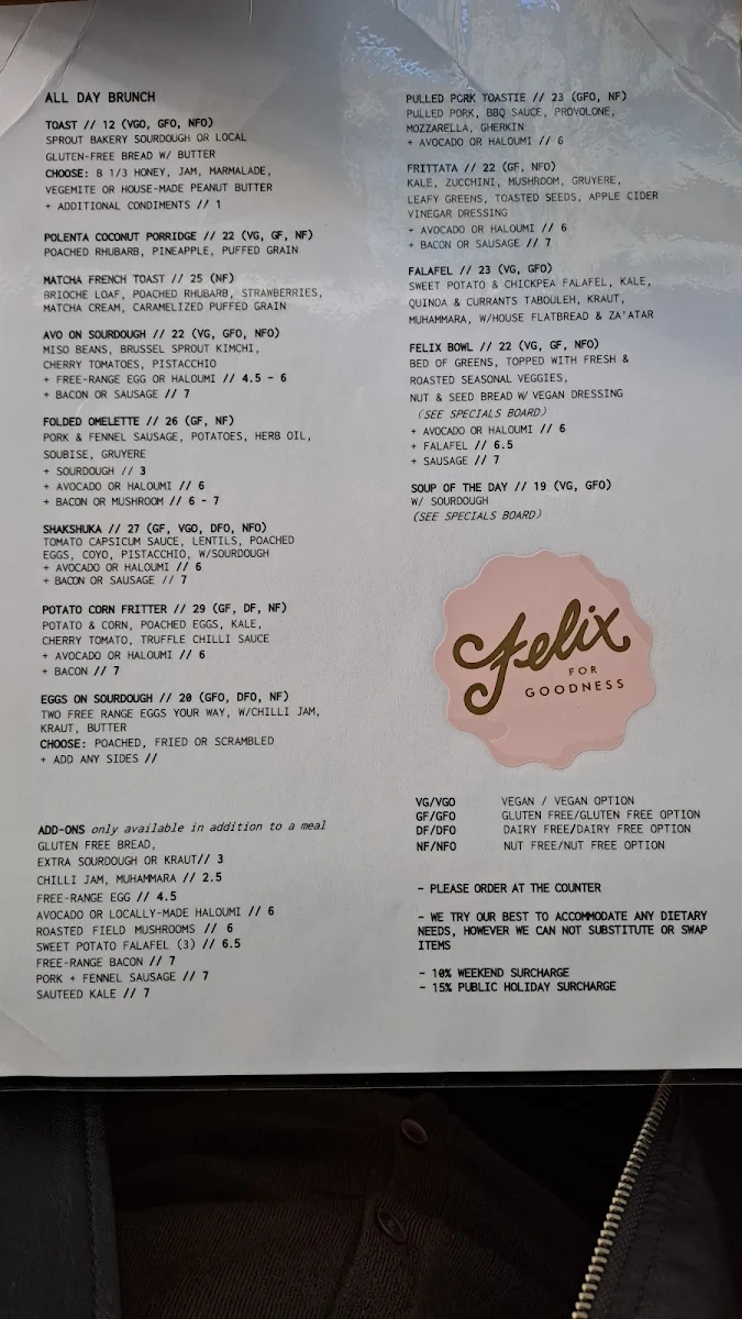 Menu, Felix For Goodness
