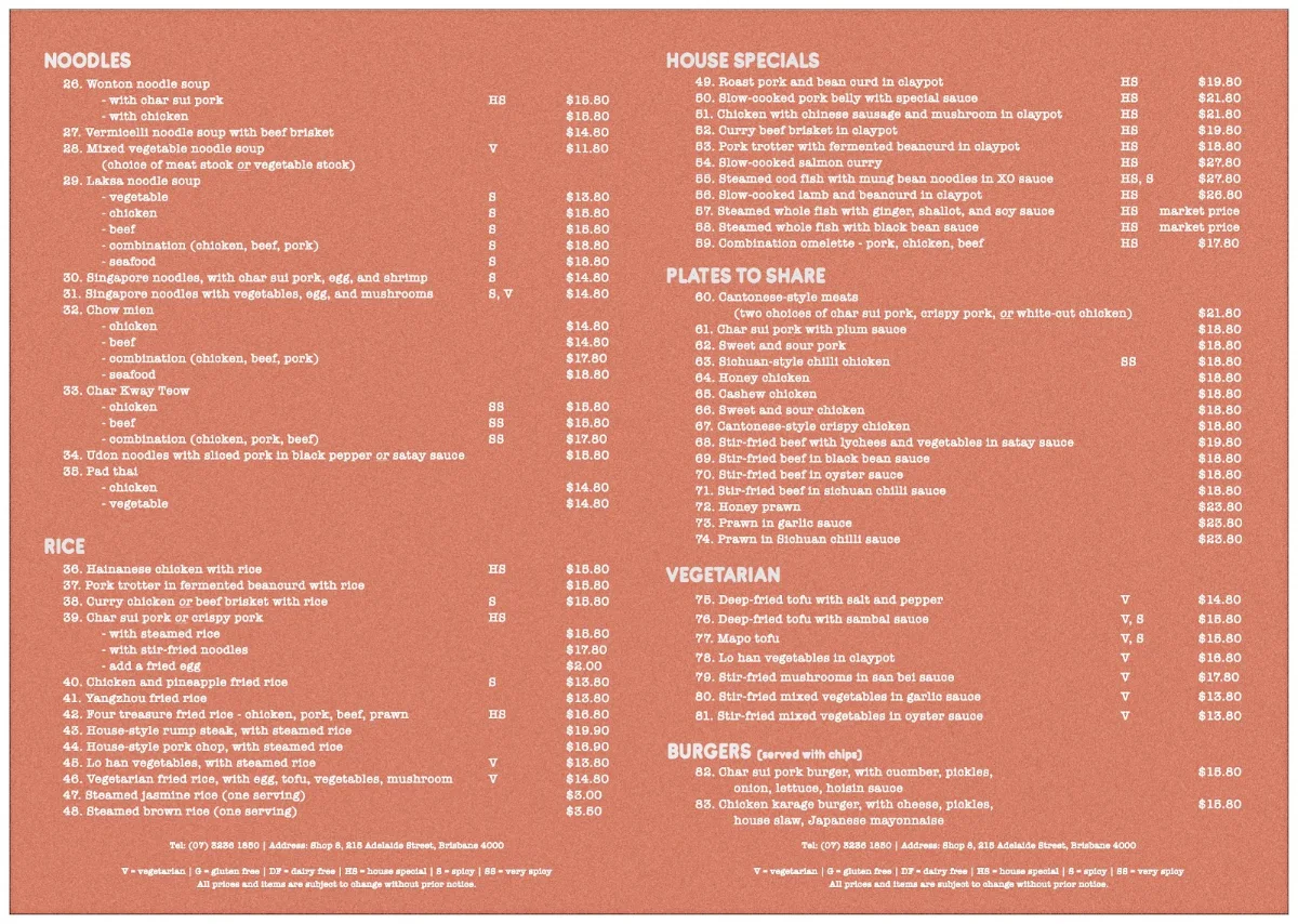 Menu, Uncle Li's