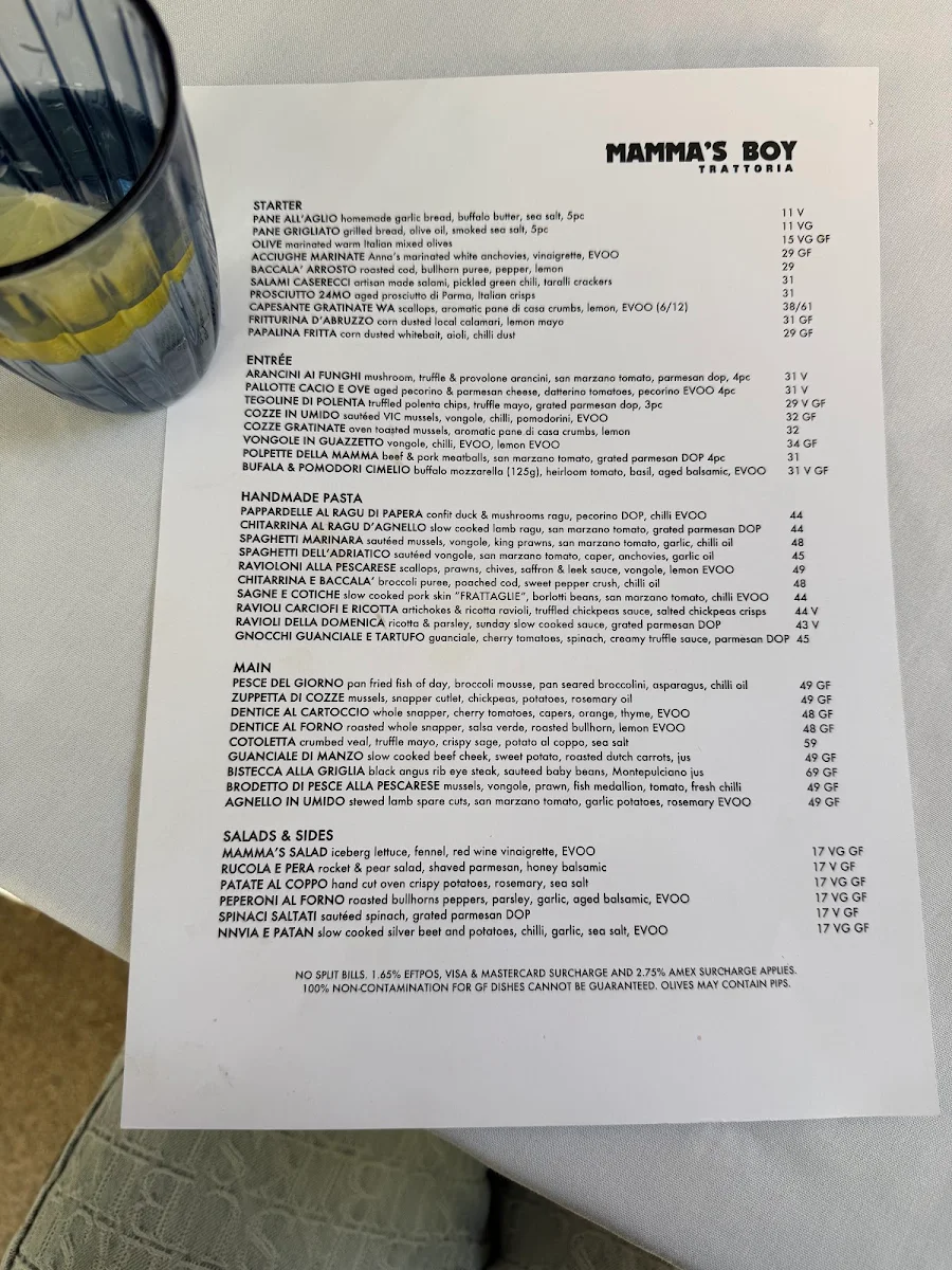 Menu, Mamma's Boy Trattoria