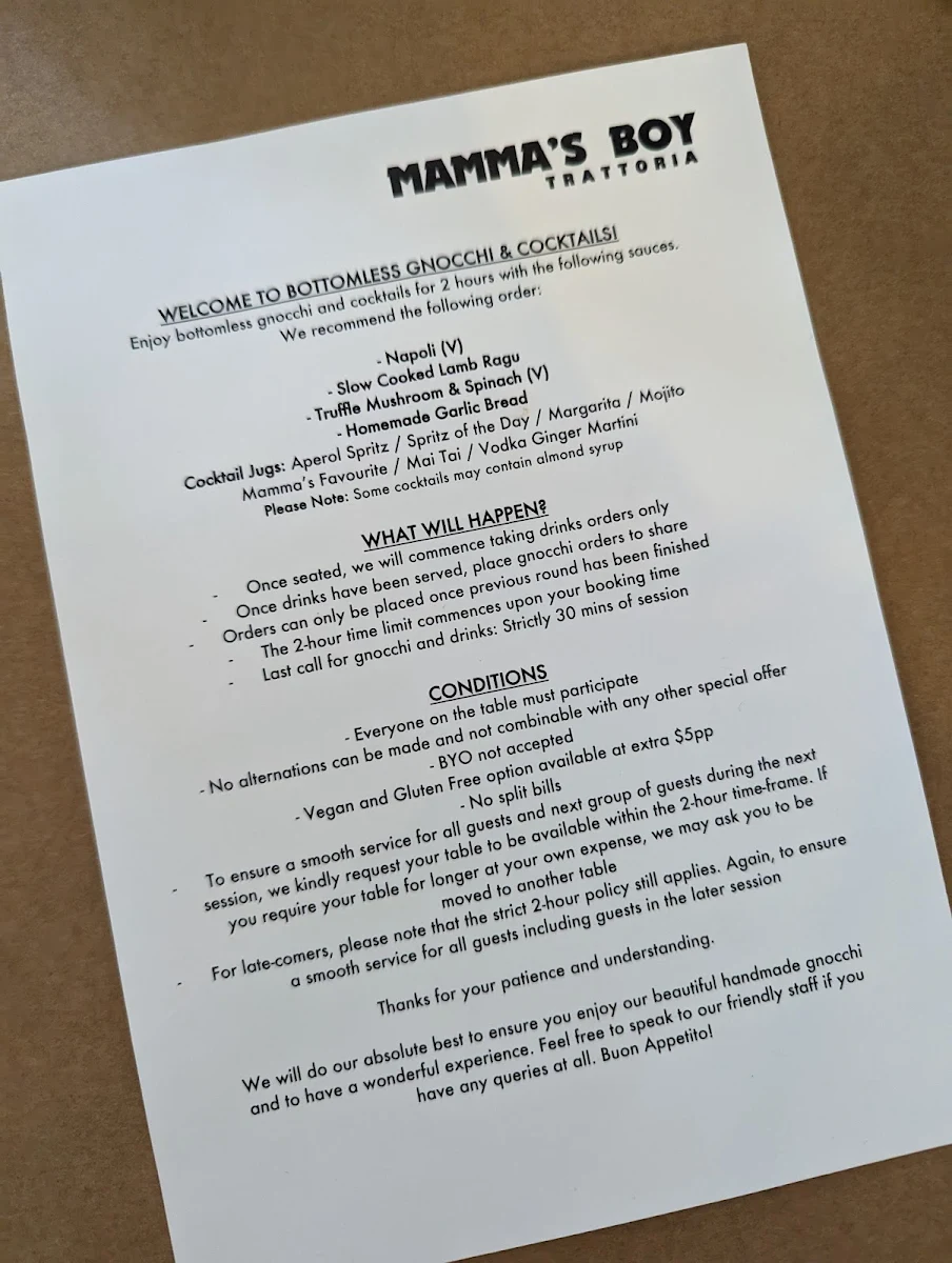Menu, Mamma's Boy Trattoria