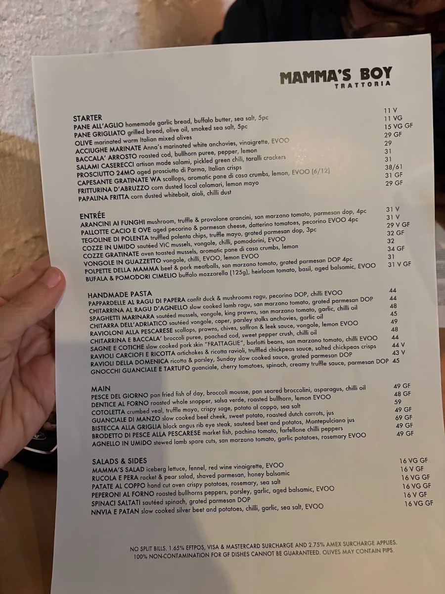 Menu, Mamma's Boy Trattoria