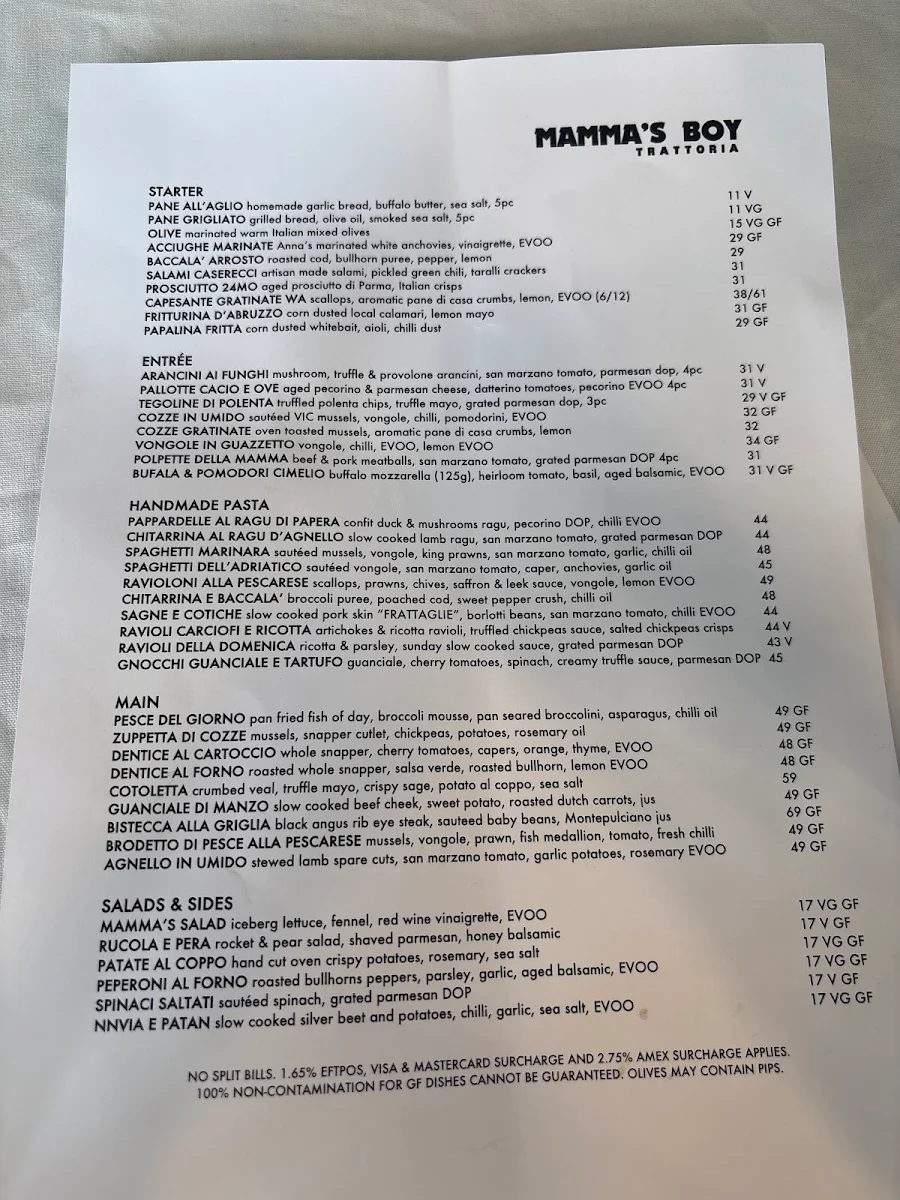 Menu, Mamma's Boy Trattoria