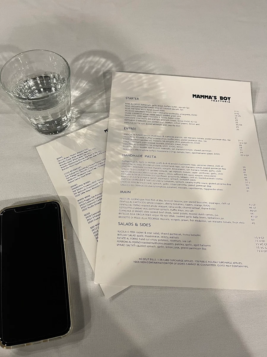 Menu, Mamma's Boy Trattoria