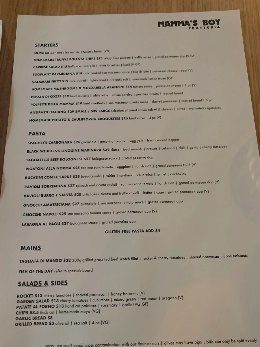 Menu, Mamma's Boy Trattoria