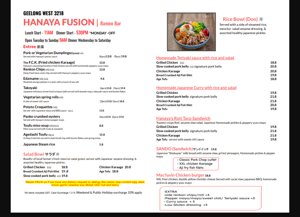Menu, Hanaya Fusion Cafe