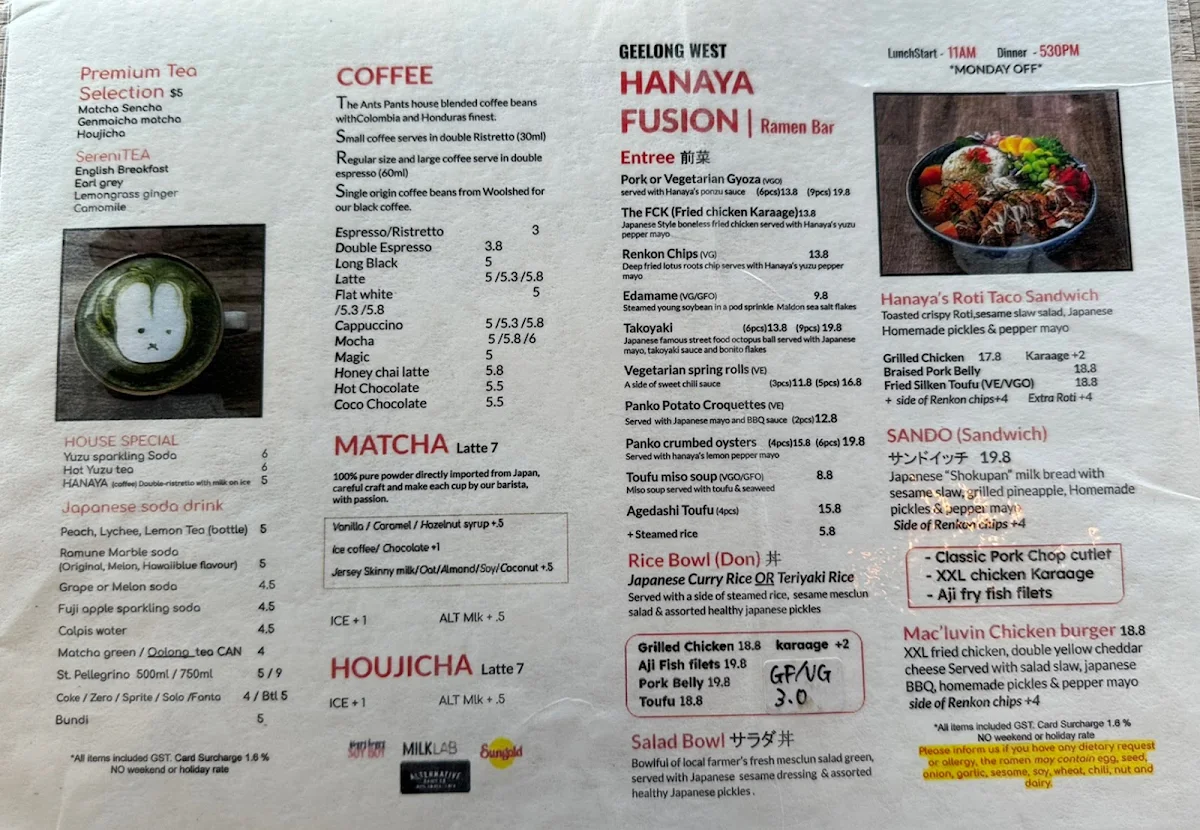 Menu, Hanaya Fusion Cafe