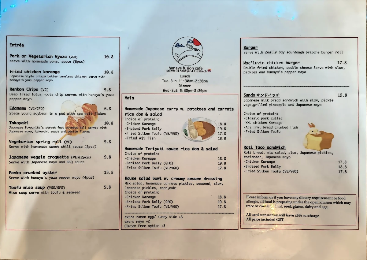 Menu, Hanaya Fusion Cafe