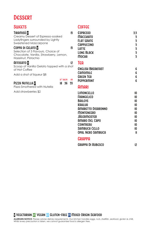 Menu, Via Napoli Pizzeria Surry Hills