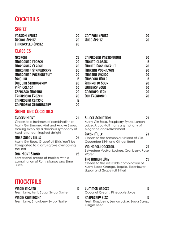 Menu, Via Napoli Pizzeria Surry Hills