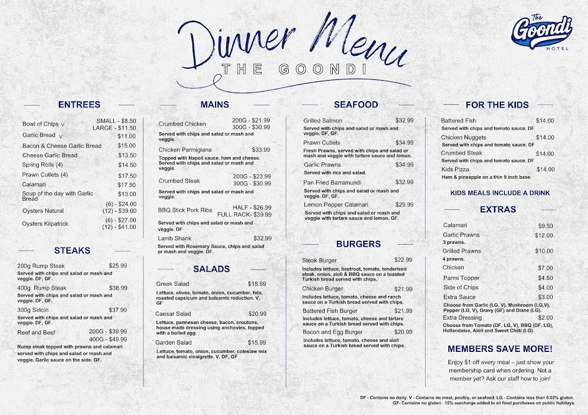 Menu, Goondi Hill Hotel