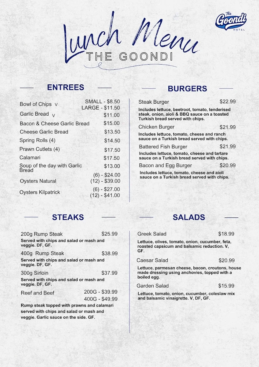 Menu, Goondi Hill Hotel