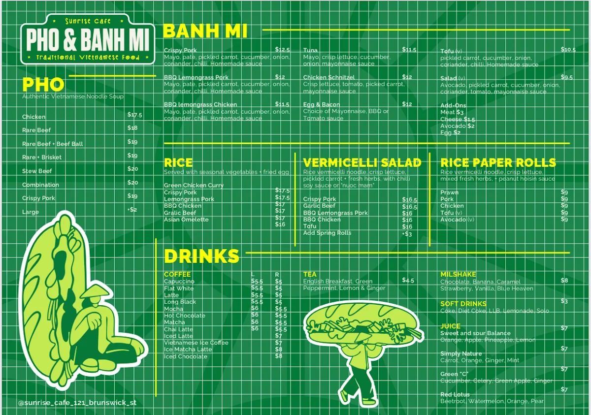 Menu, Sunrise Cafe