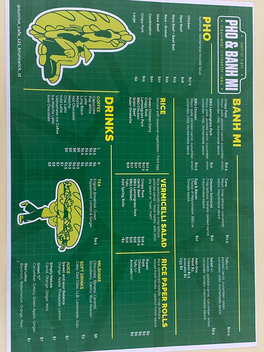 Menu, Sunrise Cafe