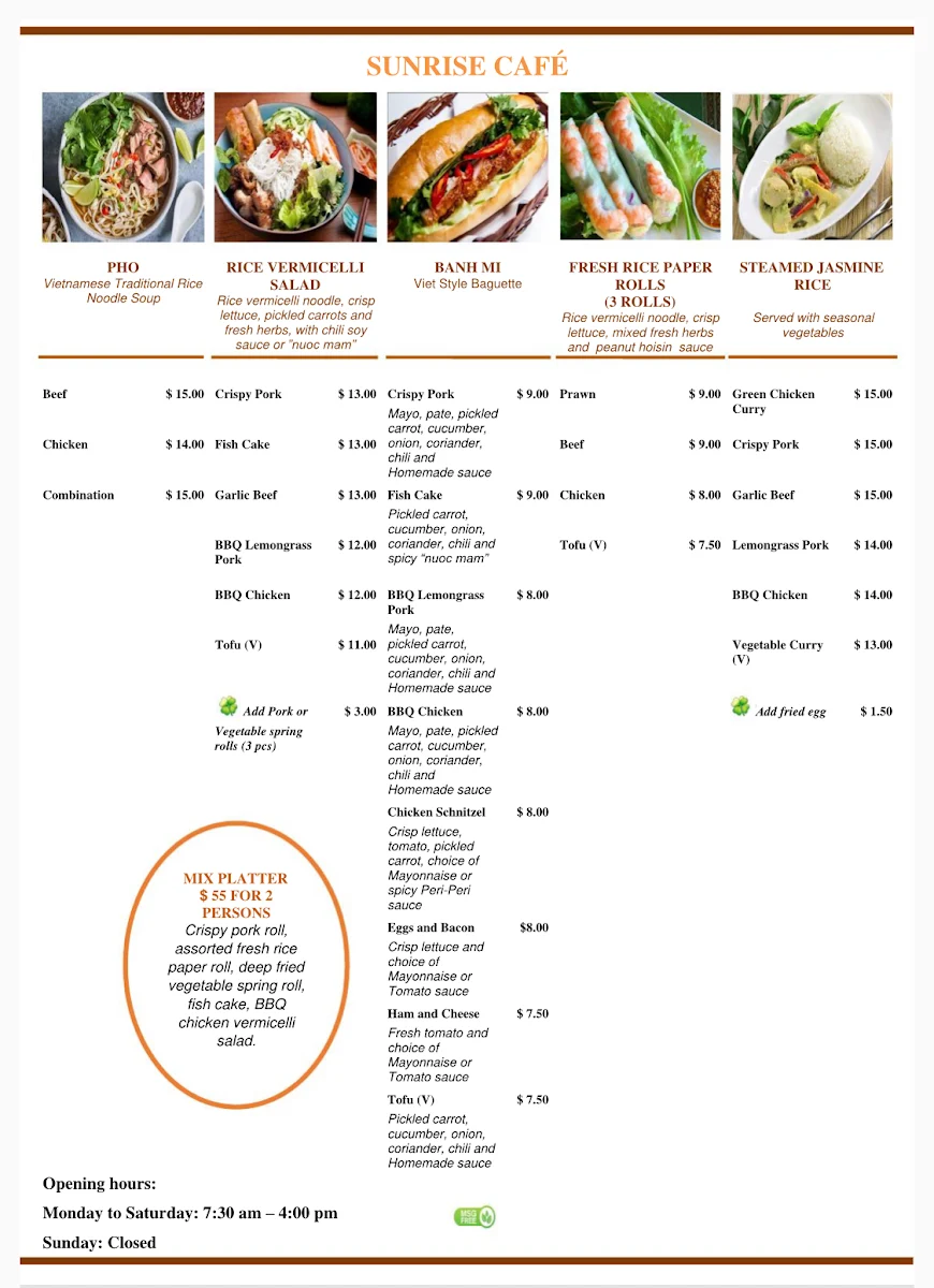 Menu, Sunrise Cafe