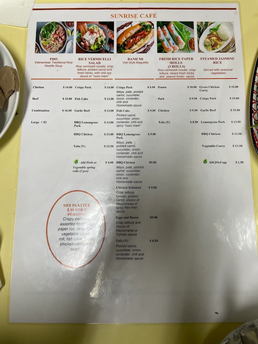 Menu, Sunrise Cafe
