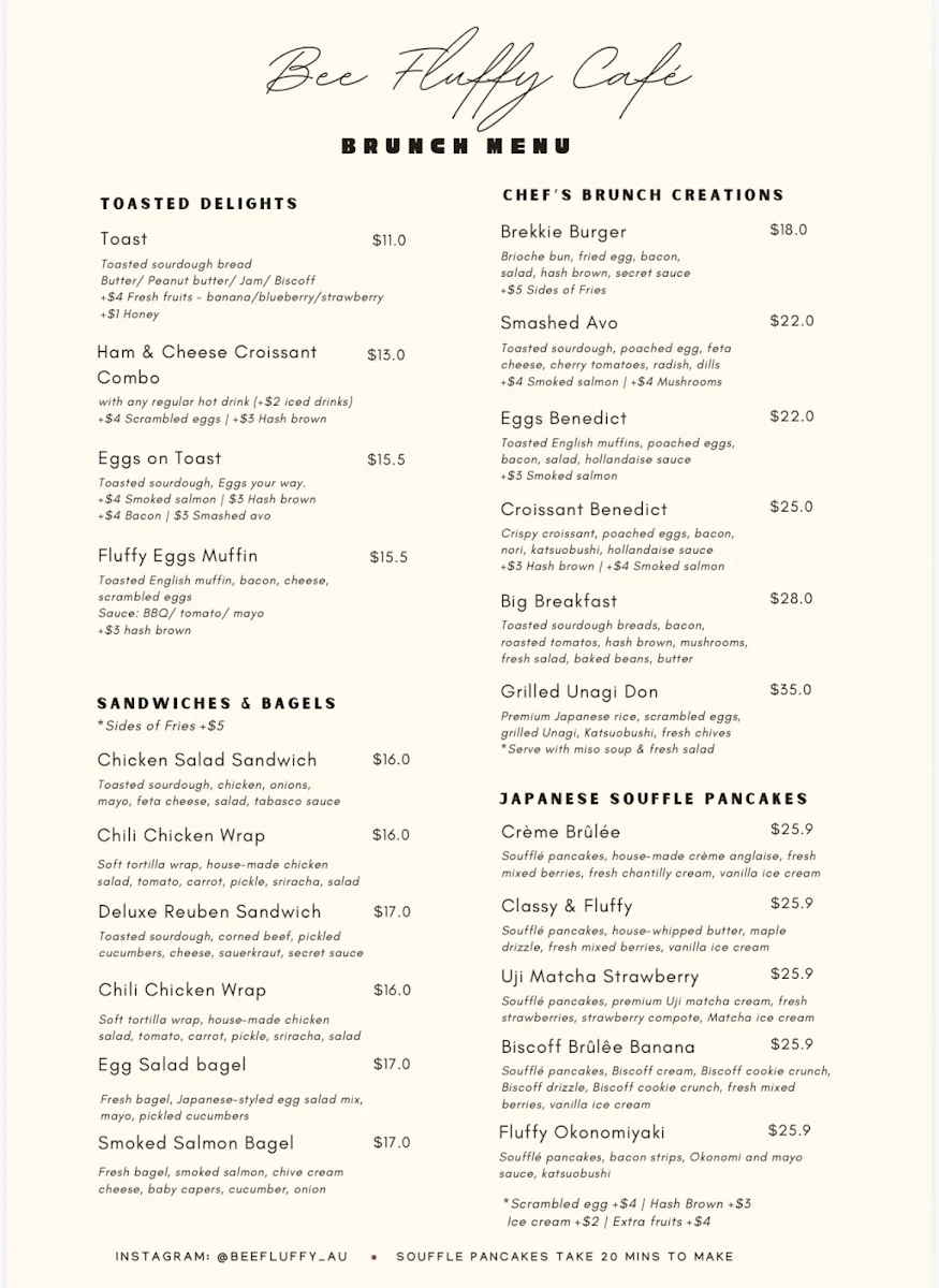 Menu, BEE FLUFFY CAFÉ