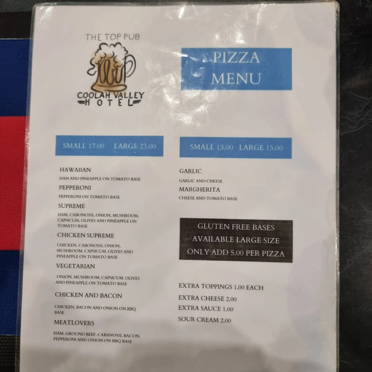 Menu, Coolah Valley Pub