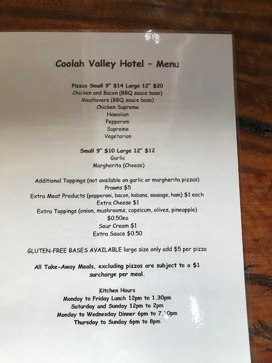 Menu, Coolah Valley Pub