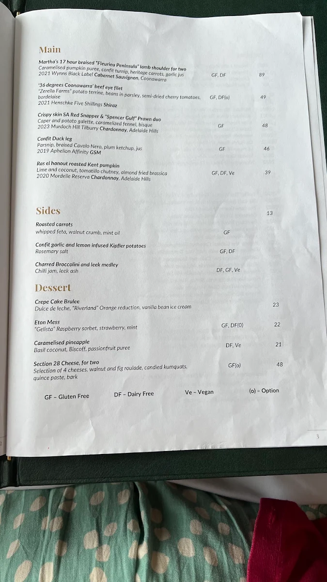 Menu, Martha Hardy's at Mount Lofty House