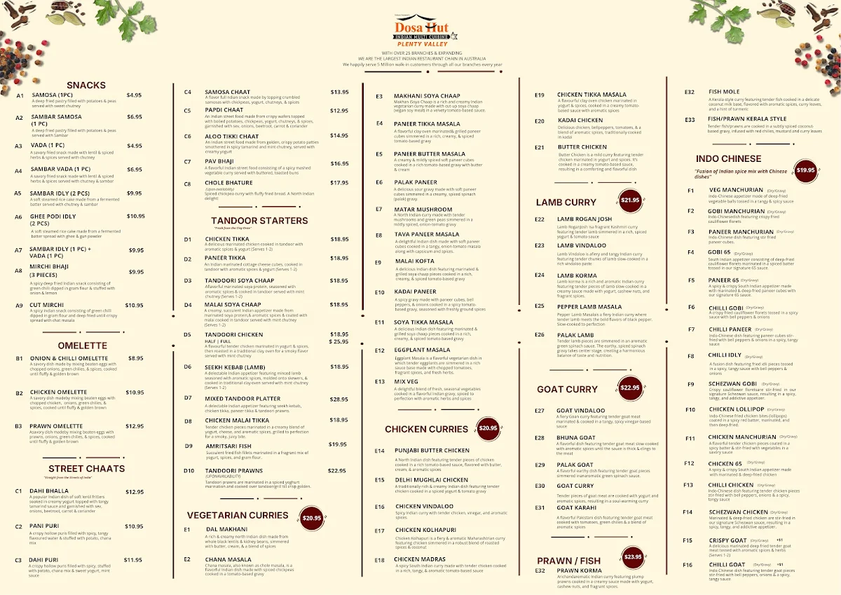 Menu, Dosa Hut - Indian Multi Cuisine Restaurant Plenty Valley