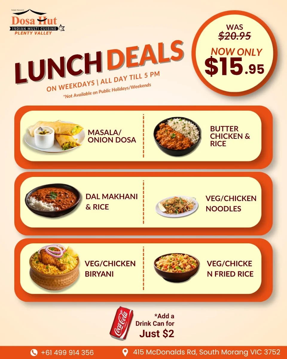 Menu, Dosa Hut - Indian Multi Cuisine Restaurant Plenty Valley