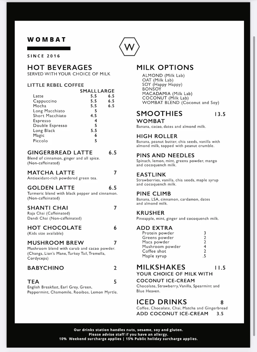 Menu, Wombat Cafe & Store