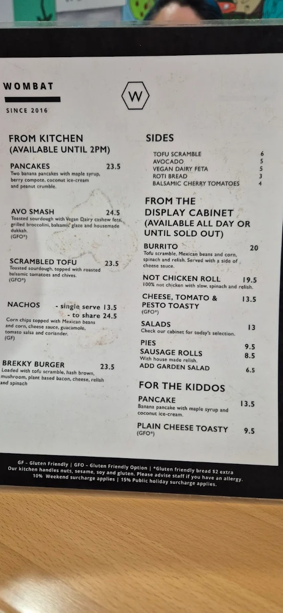 Menu, Wombat Cafe & Store