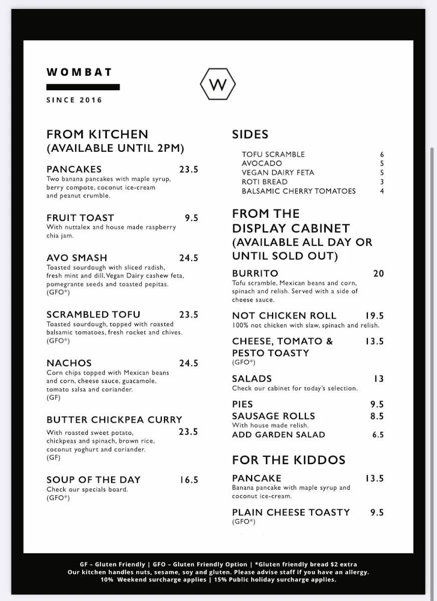 Menu, Wombat Cafe & Store