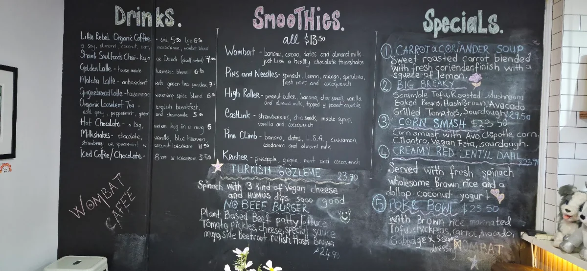 Menu, Wombat Cafe & Store