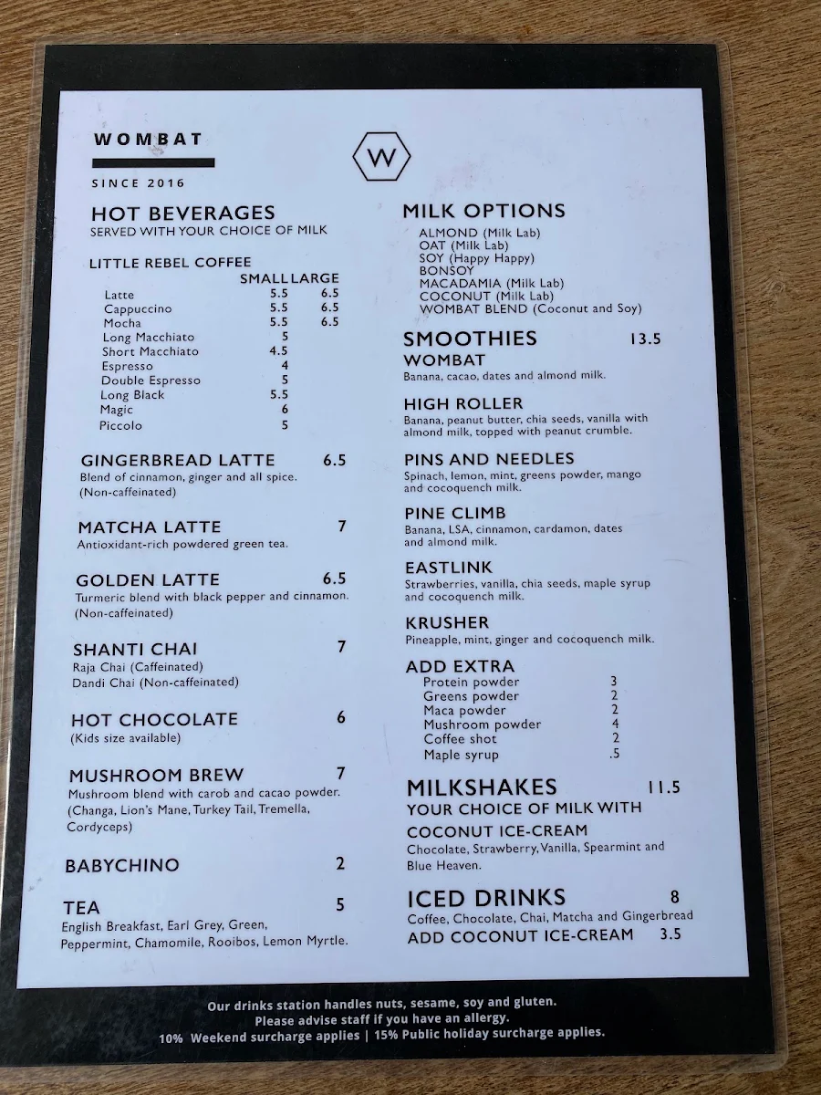Menu, Wombat Cafe & Store