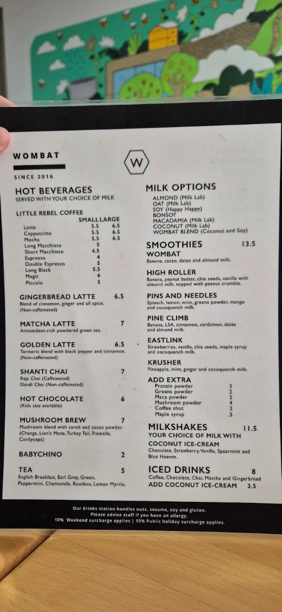 Menu, Wombat Cafe & Store