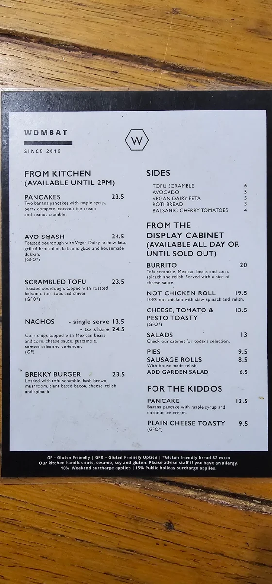 Menu, Wombat Cafe & Store