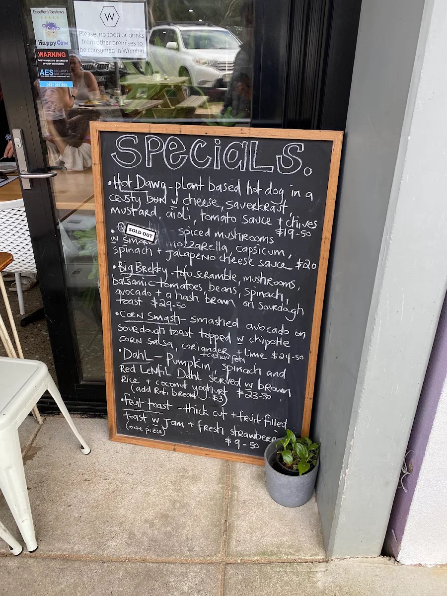Menu, Wombat Cafe & Store
