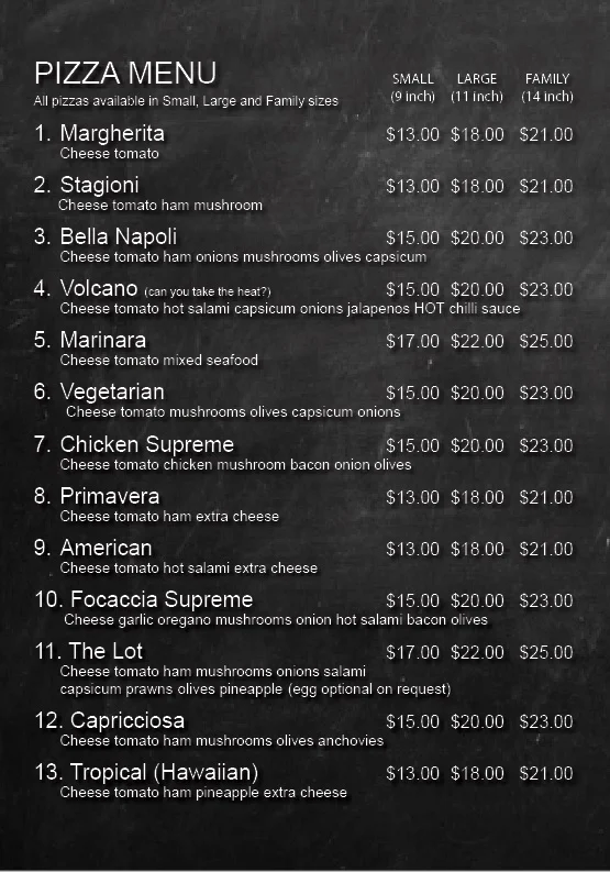 Menu, Integra Pizza Romsey