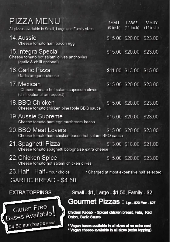Menu, Integra Pizza Romsey