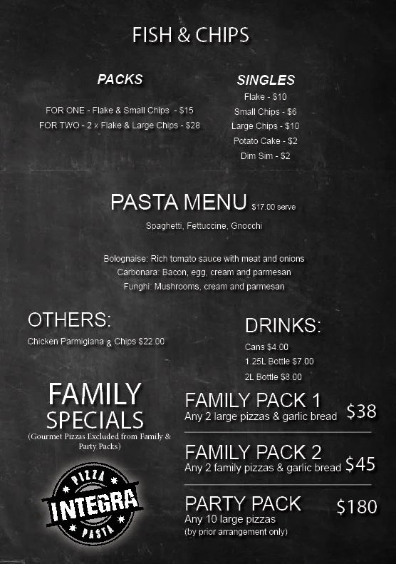 Menu, Integra Pizza Romsey