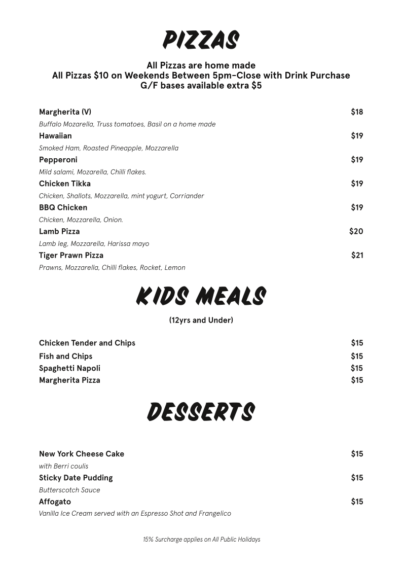 Menu, Kicks