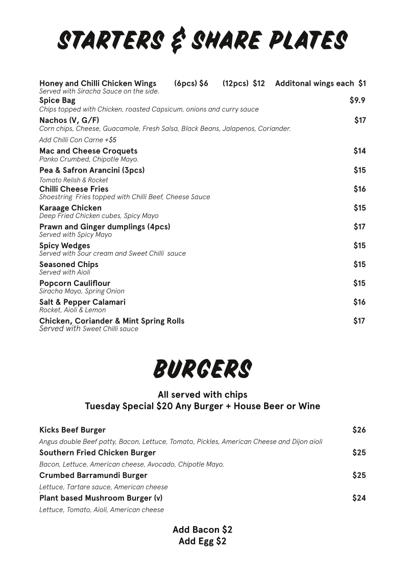 Menu, Kicks
