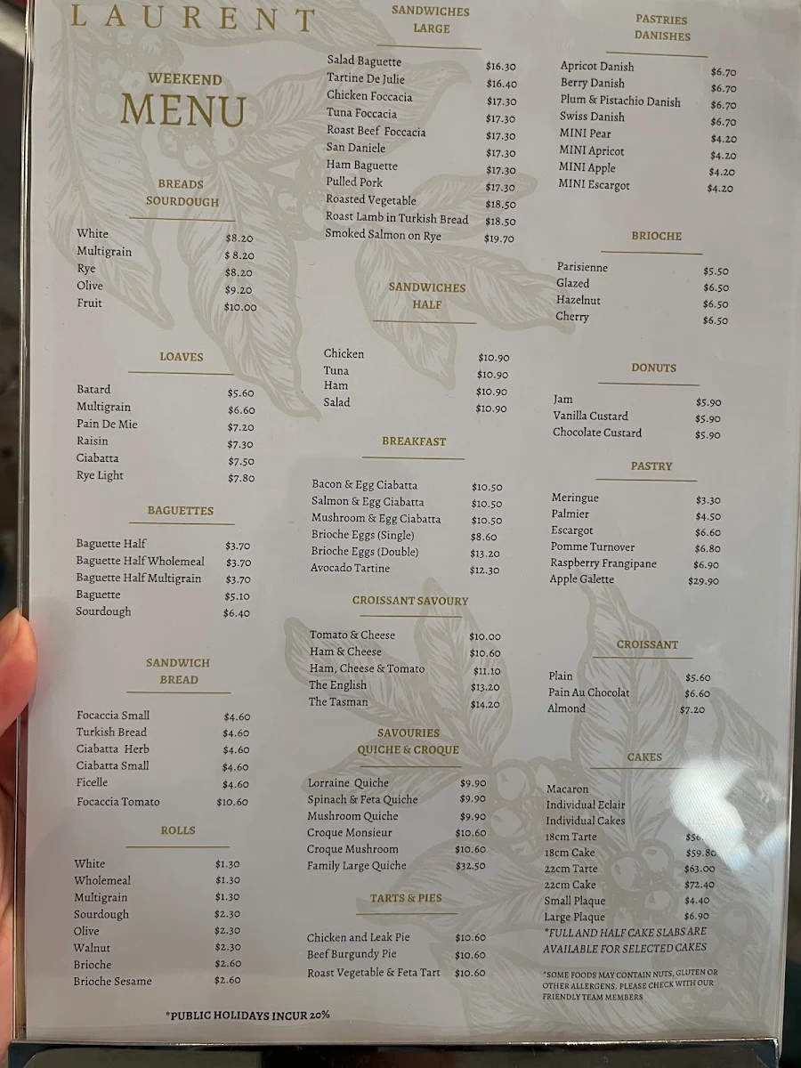 Menu, Laurent Bakery The Glen