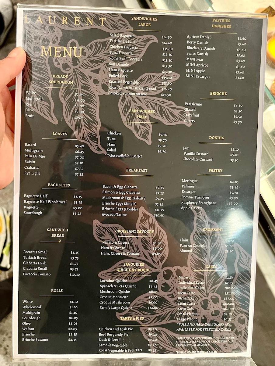 Menu, Laurent Bakery The Glen