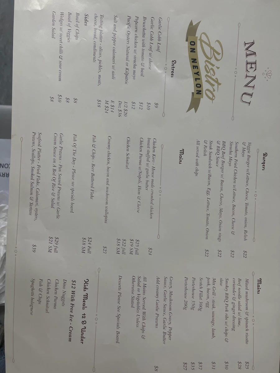 Menu, Bistro on Neylon