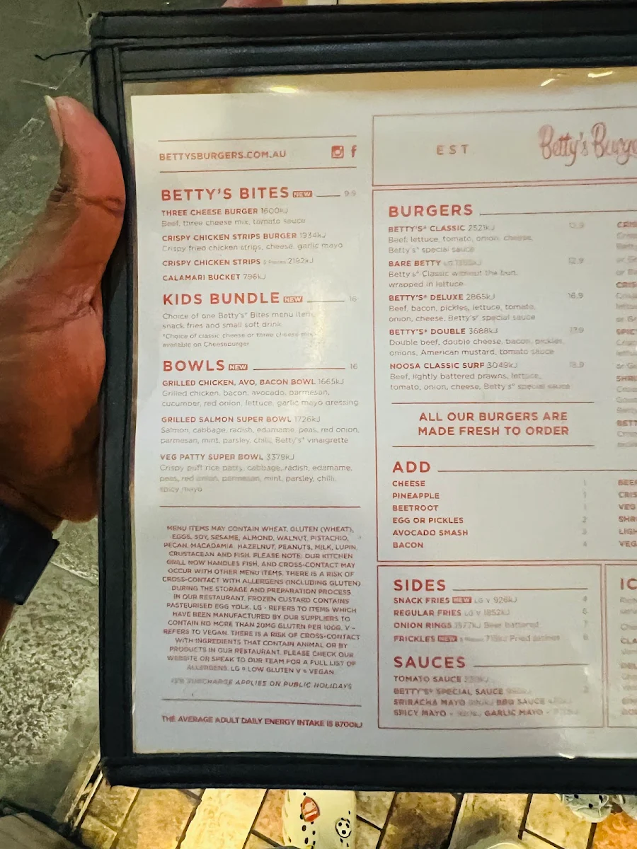 Menu, Betty's Burgers