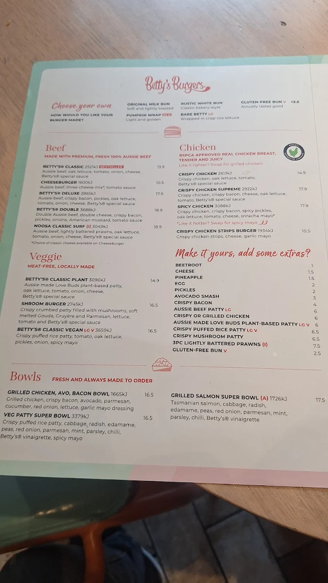 Menu, Betty's Burgers