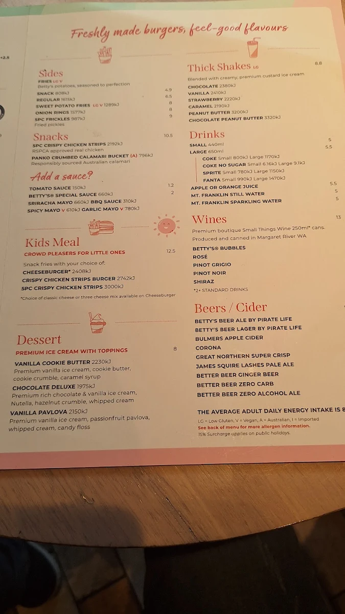 Menu, Betty's Burgers